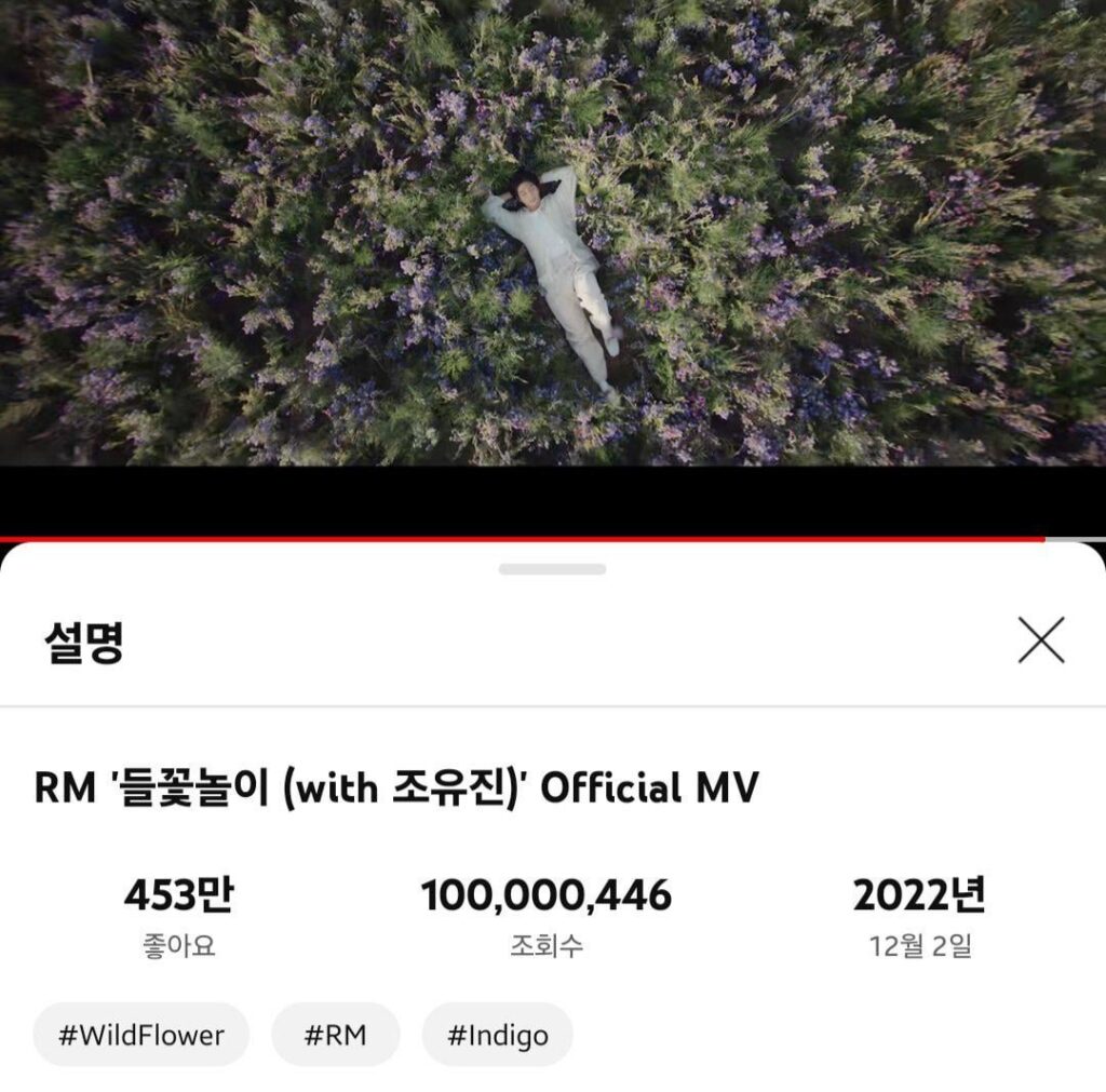 أغنية "Wild Flower (with youjeen) لفرقة BTS RM هي أول فيديو موسيقي له يصل إلى 100 مليون مشاهدة على اليوتيوب.