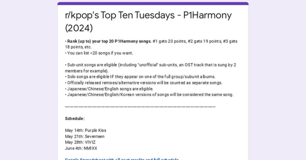 /r/kpop التصويت العشرة الأوائل في أيام الثلاثاء: P1Harmony (2024)