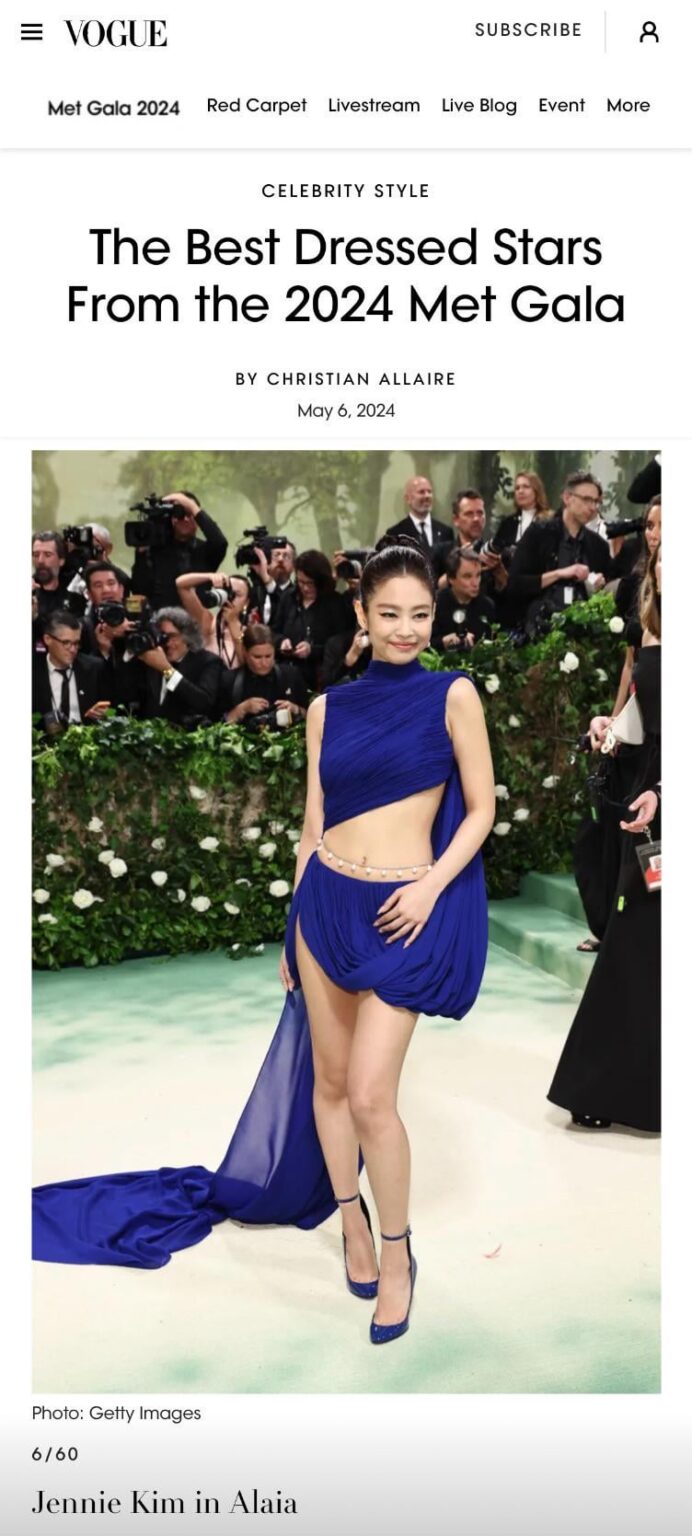 240506 مجلة فوغ تسمي جيني كواحدة من أفضل المشاهير أناقة في حفل Met Gala 2024