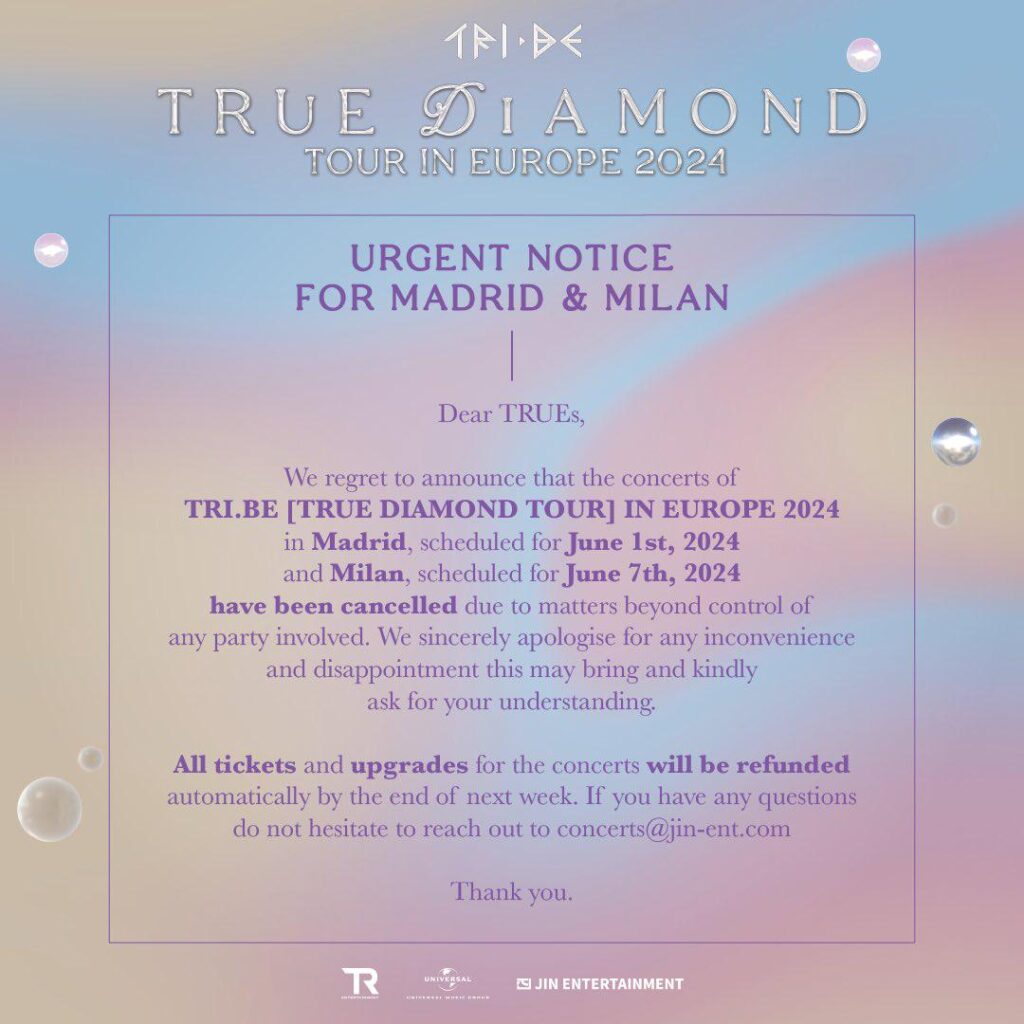 تم إلغاء حفلات TRI.BE في مدريد وميلانو