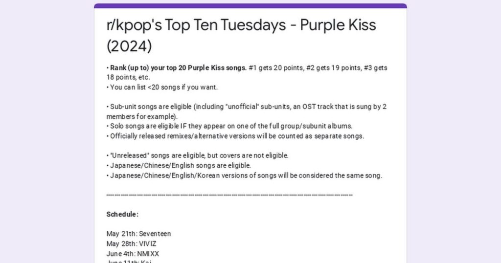 /r/kpop التصويت العشرة الأوائل في أيام الثلاثاء: القبلة الأرجوانية (2024)