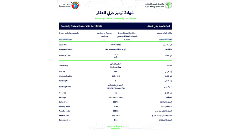 «أراضي دبي» تُصدر أول ملكية جزئية مرمّزة في العالم