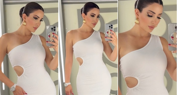 نسرين طافش بفستان أبيض بسيط … ضيق وبفتحة عند البطن Cutout | ألبوم نسرين طافش