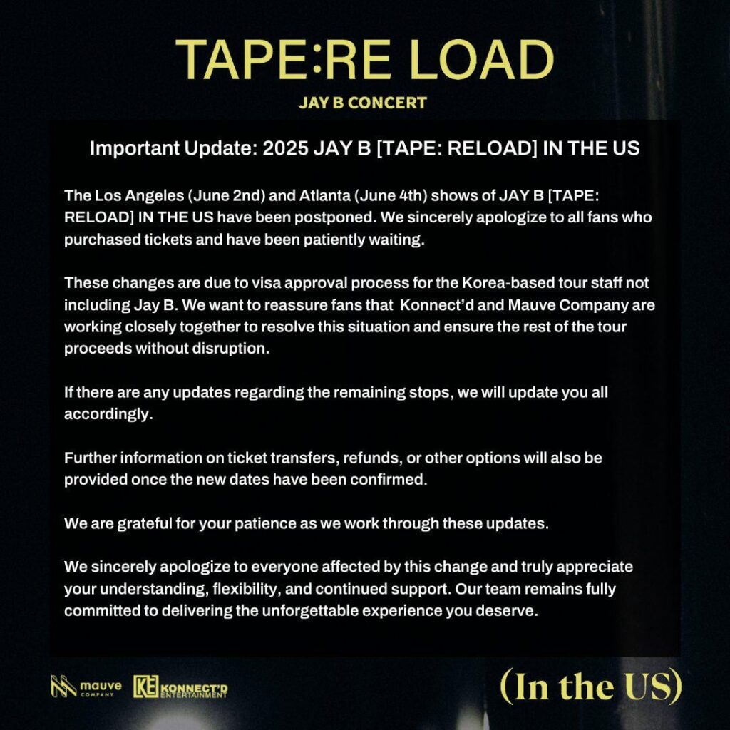 تم تأجيل حفل Got7 Jay B 2025 "Tape: Reload" في الولايات المتحدة