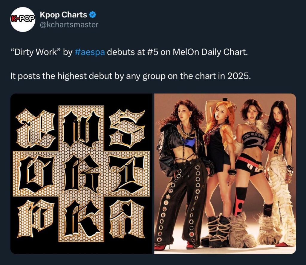 250628 AESPA "Dirty Work" لأول مرة في رقم 5 على Melon Daily Chart + بأعلى أول ظهور لأغنية المجموعة وثالث أعلى ظهور إجمالي في عام 2025
