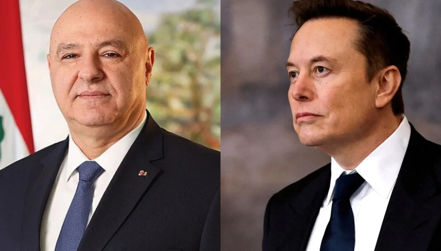 الملياردير إيلون ماسك والرئيس اللبناني جوزف عون. (وكالات)