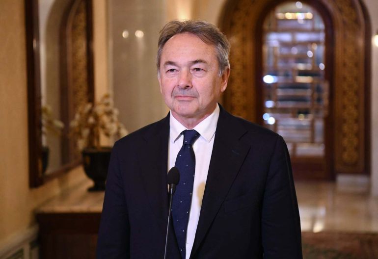TUNIS, TUNISIA - APRIL 12: (----EDITORIAL USE ONLY â MANDATORY CREDIT - "TUNISIAN PRESIDENCY / HANDOUT" - NO MARKETING NO ADVERTISING CAMPAIGNS - DISTRIBUTED AS A SERVICE TO CLIENTS----) Gilles Kepel, Special Representative of French President Emmanuel Macron, speaks to press members after meeting with Tunisian President Kais Saied (not seen) at the Carthage Palace in the capital Tunis, Tunisia on April 12, 2022. (Photo by Tunisian Presidency / Handout/Anadolu Agency via Getty Images)