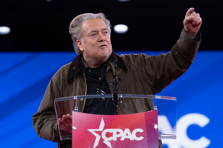 Steve Bannon speaks at the Conservative Political Action Conference, CPAC, at the Gaylord National Resort & Convention Center, Thursday, Feb. 20, 2025, in Oxon Hill, Md. (AP Photo/Jose Luis Magana)