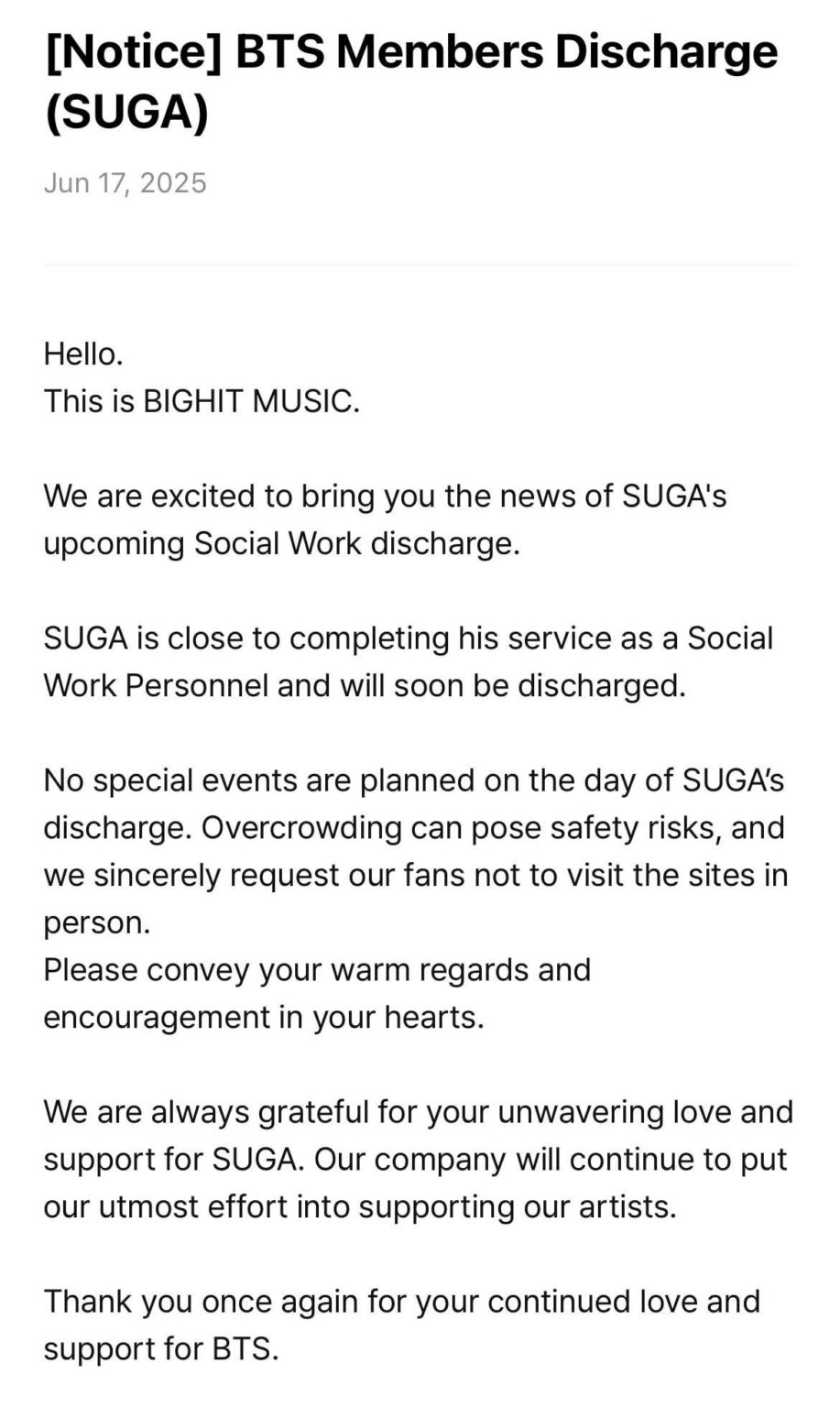تعلن Bighit Music أن BTS Suga ستكمل خدمته العسكرية وسيتم تفريغها ، معه ، سيكون جميع أعضاء BTS قد أنهوا خدمتهم العسكرية