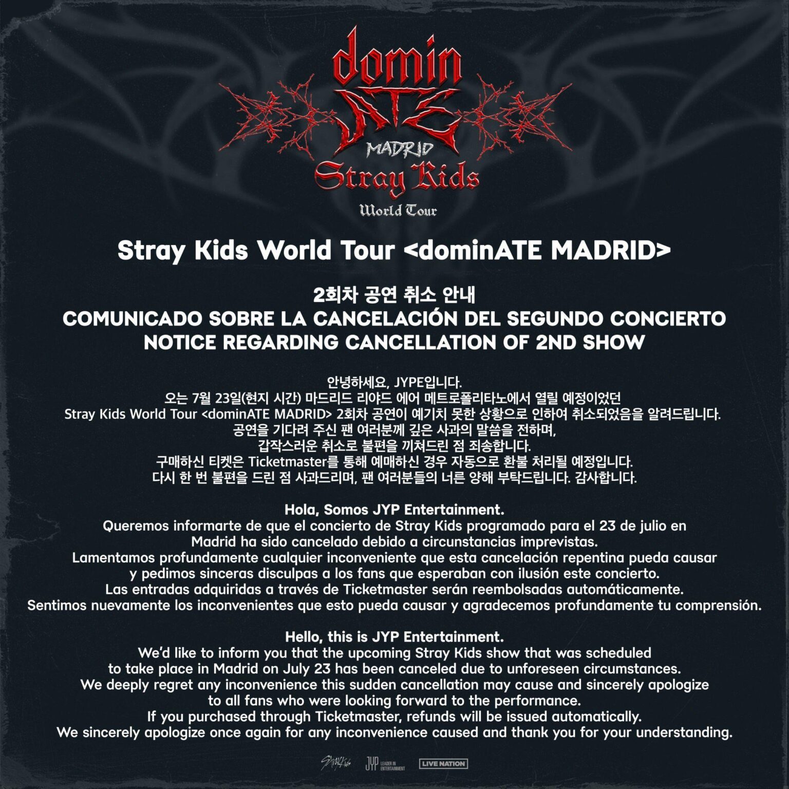 العرض الثاني لجولة Stray Kids World: تم إلغاء Madrid المهيمن