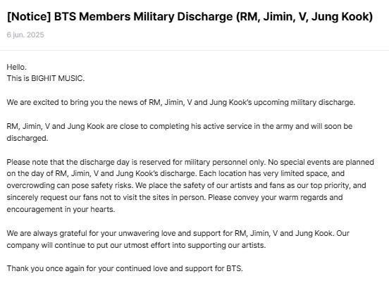 تعلن Bighit Music أن BTS RM و Jimin و V و Jungkook ستكمل خدمتهم العسكرية وسيتم تفريغهم