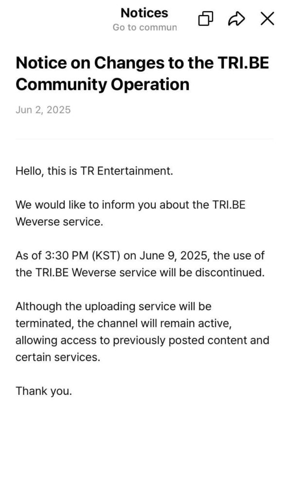 Tri.be's weverse لتوقف في 9 يونيو