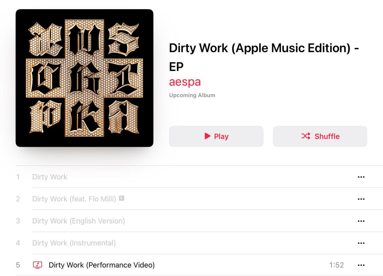 250609 ستشمل إصدار Apple Music من "Dirty Work" من AESPA في ver الكورية والإنجليزية. وميزة مع flo milli