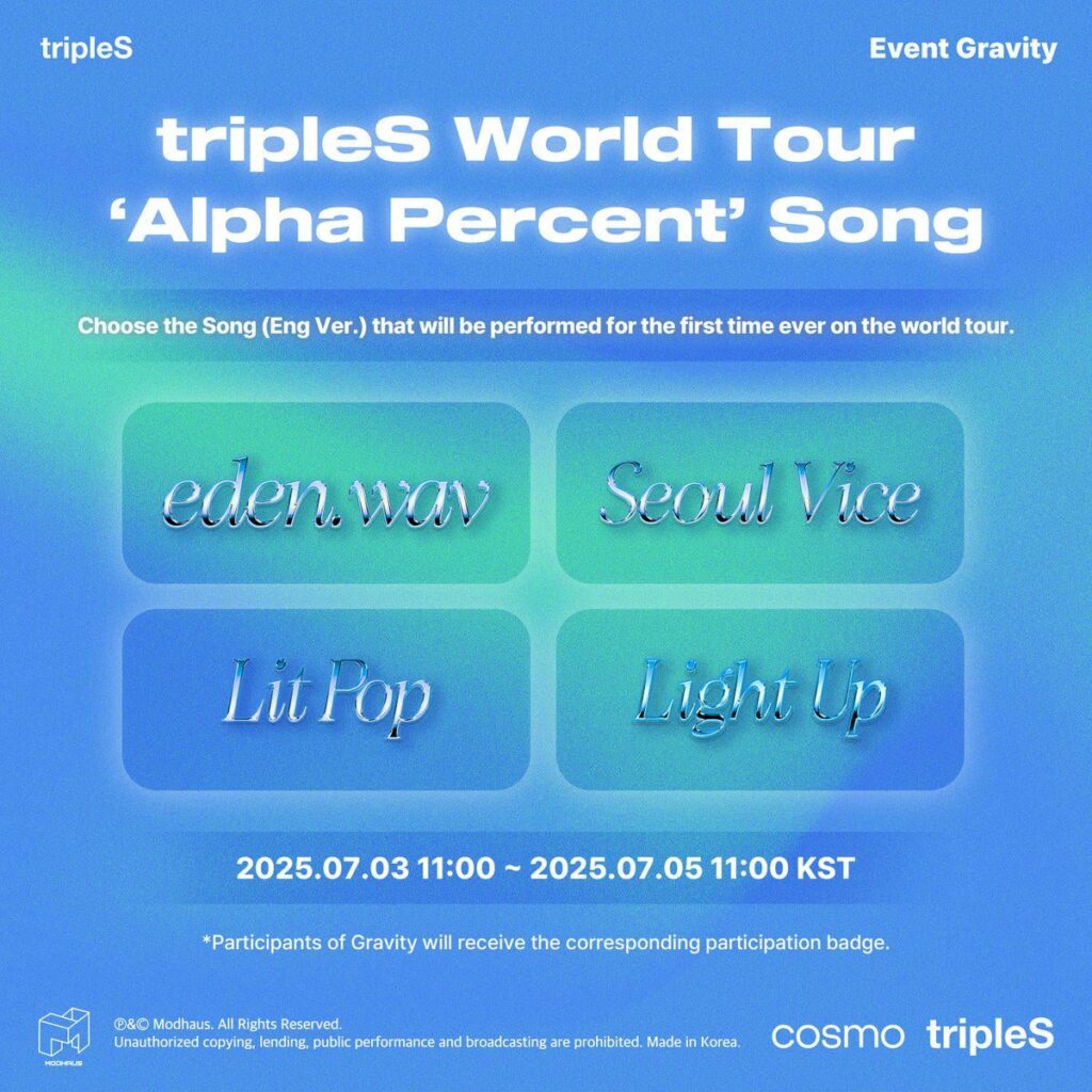 Triples – Gravity: Triples World Tour ‘Alpha ٪’ Song (اختر الأغنية (Eng ver.) التي سيتم تنفيذها لأول مرة على الإطلاق في الجولة العالمية) Triples - Gravity: Triples World Tour 'Alpha ٪' Song (اختر الأغنية (Eng ver.) التي سيتم تنفيذها لأول مرة على الإطلاق في الجولة العالمية)