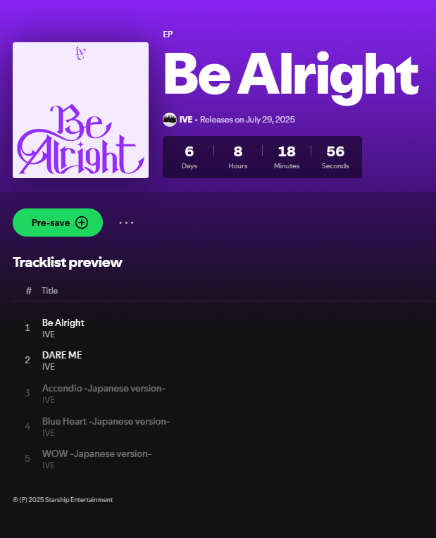 250723 Ive أطلقت للتو العد التنازلي لصالحها في اليابان الثالث EP 'Be Ferright' على Spotify. ما قبل التحول الآن ✅