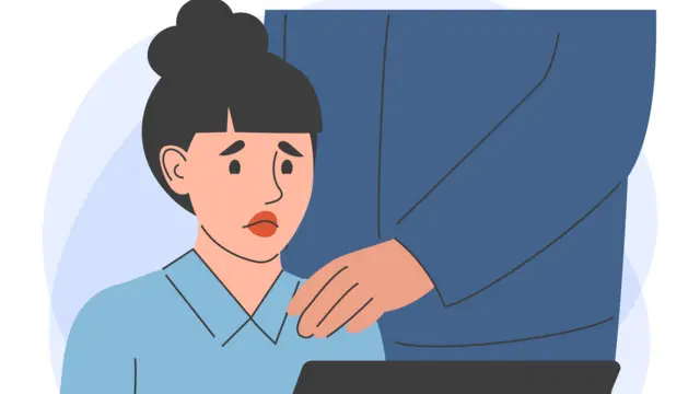 رسم يظهر سيدة تجلس إلى مكتب ورجل يقف خلفها ويضع يده على كتفها