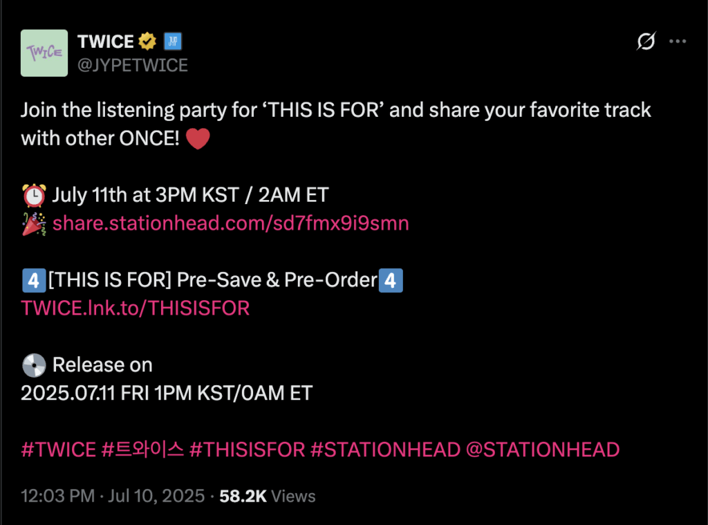 250710 Jypetwice Twitter Update - انضم إلى حفلة الاستماع لـ "This Is for" وشارك مسارك المفضل مع آخر مرة واحدة! ❤