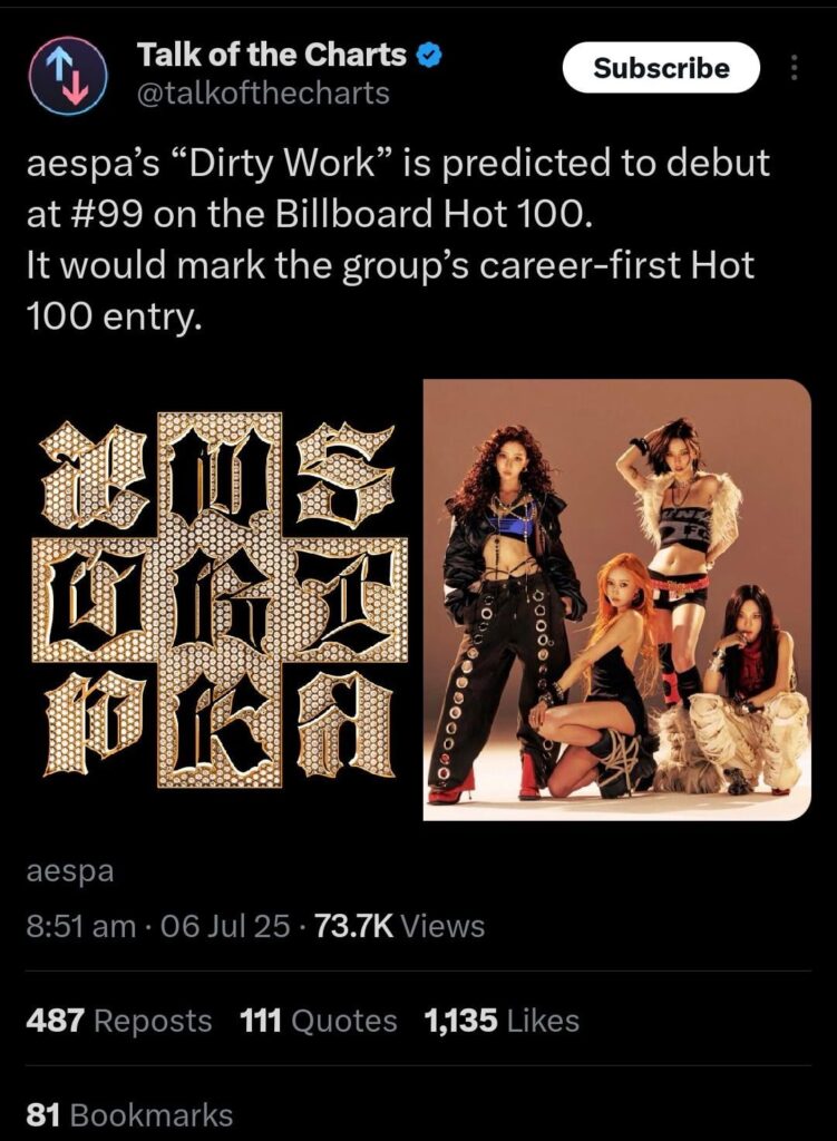 من المتوقع أن تظهر "العمل القذر" لـ AESPA لأول مرة في رقم 99 على Billboard Hot 100.
