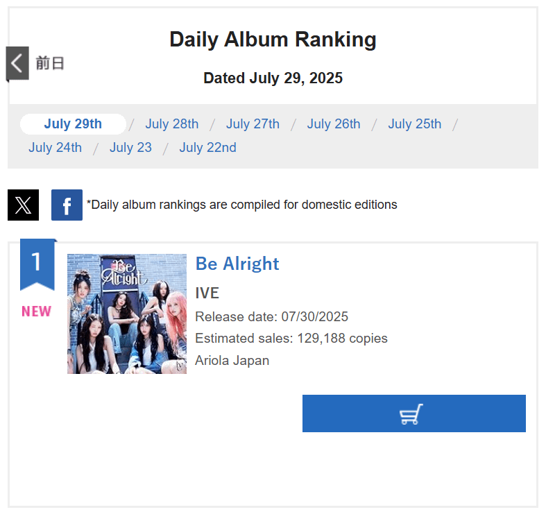 250730 IVE - BEED تم إدخال ألبوم Oricon اليومي في المرتبة الأولى