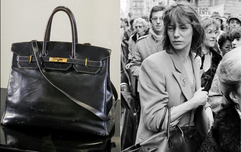 (FILES) (COMBO) This combination of pictures created on July 09, 2025 shows the "Birkin" bag by Hermes which belonged to British-French actress and singer Jane Birkin at the Sotheby's auction house in Paris on July 2, 2025 and which will be auctioned by Sotheby's as part of the Fashion Icons auction sale. (R) British actress and singer Jane Birkin, among many celebrities, takes part to the silent protest against a terrorist attack on March 29, during the International Jewish film Festival, at the "Rivoli-Beaubourg" cinema, in Paris, on March 31, 1985.