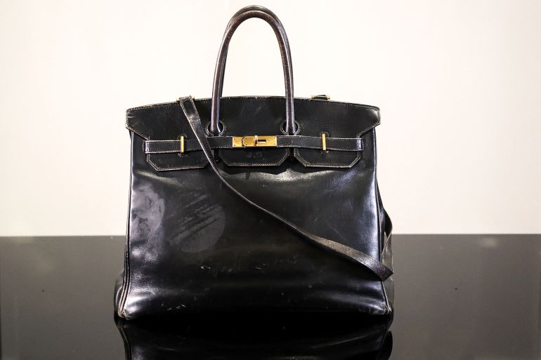 This photograph shows the "Birkin" bag by Hermes which belonged to British-French actress and singer Jane Birkin at the Sotheby's auction house in Paris on July 2, 2025 and which will be auctioned by Sotheby's as part of the Fashion Icons auction sale.