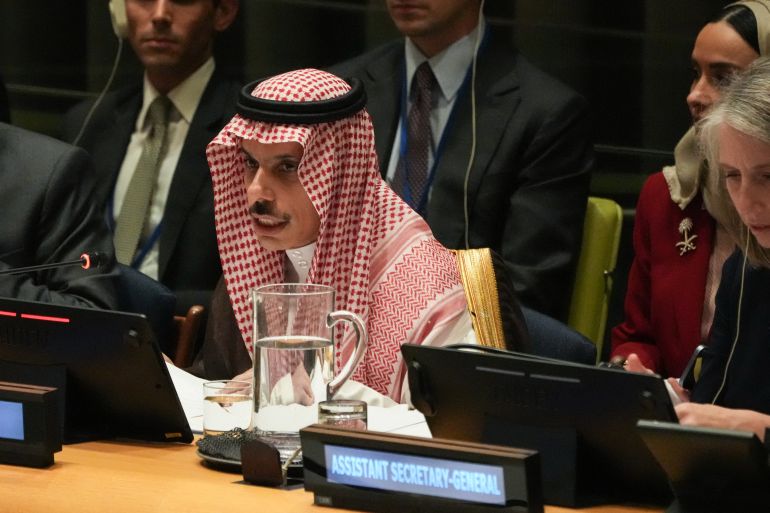 Saudi Arabia's Foreign Minister Faisal bin Farhan Al-Saud speaks during a ministerial high level meeting during the United Nations conference on a two state solution for Israel and the Palestinians, at UN headquarters on July 28, 2025, in New York City.