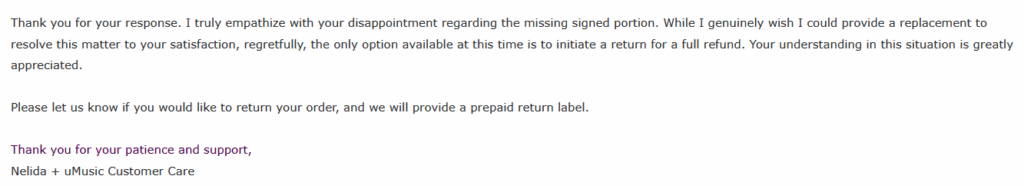 لن يحل المتجر مرتين محل الألبوم ببطاقة غير موقعة. الخيارات فقط هي إرجاعها أو الاحتفاظ بها.