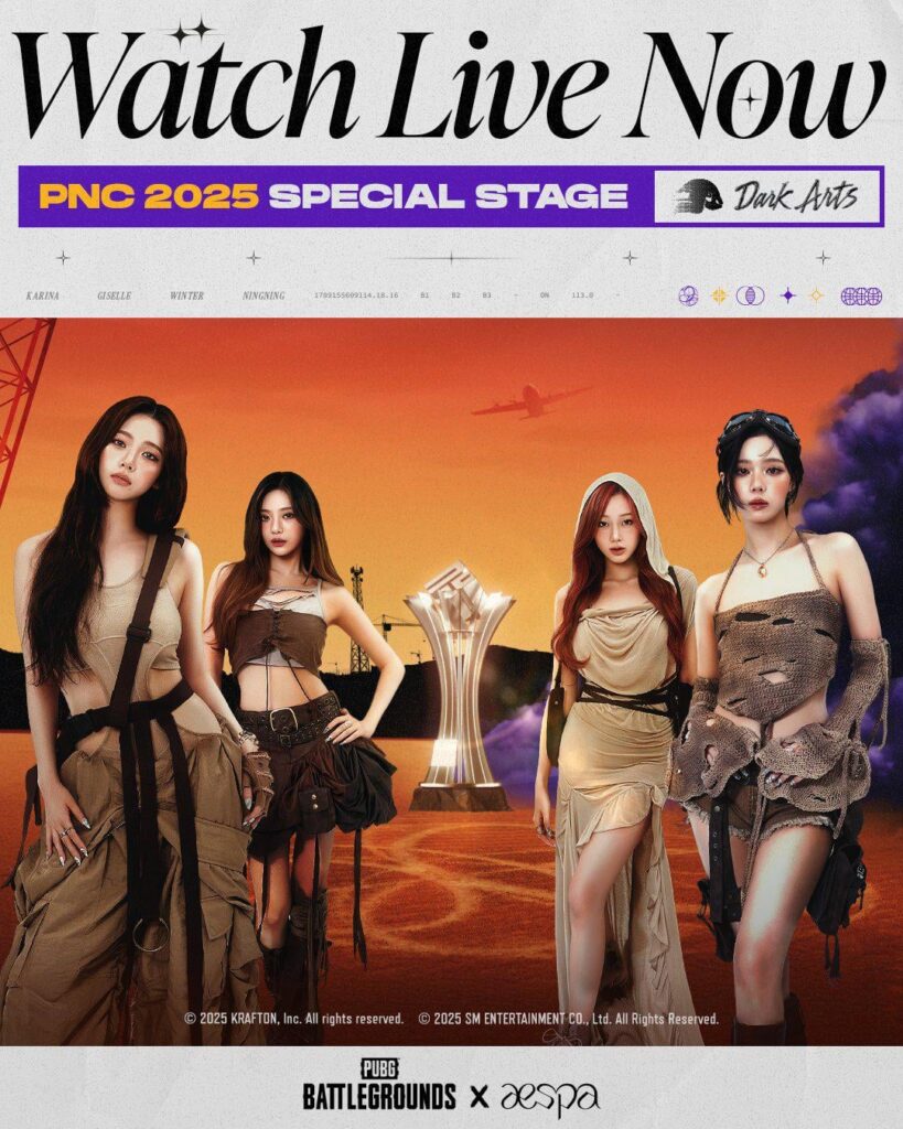 250727 PUBG Twitter Update مع AESPA - [LIVE NOW🔥] PUBG X AESPA 'Dark Arts' Stage Performance for the PNC 2025 Final Battle.