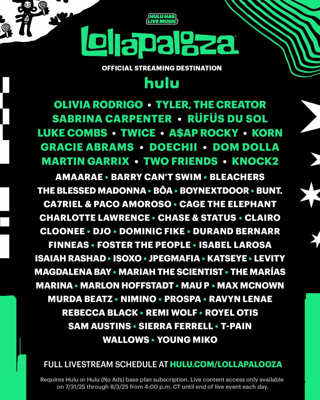 250731 Lollapalooza Twitter Update - تشكيلة Hulu الخاصة بك هنا 🎶 Hulu هي الوجهة الرسمية للبث في Lollapalooza 2025. من 31 يوليو إلى 3 أغسطس ، يمكن لجميع مشتركي Hulu ضبطها على Livestream الحصري.