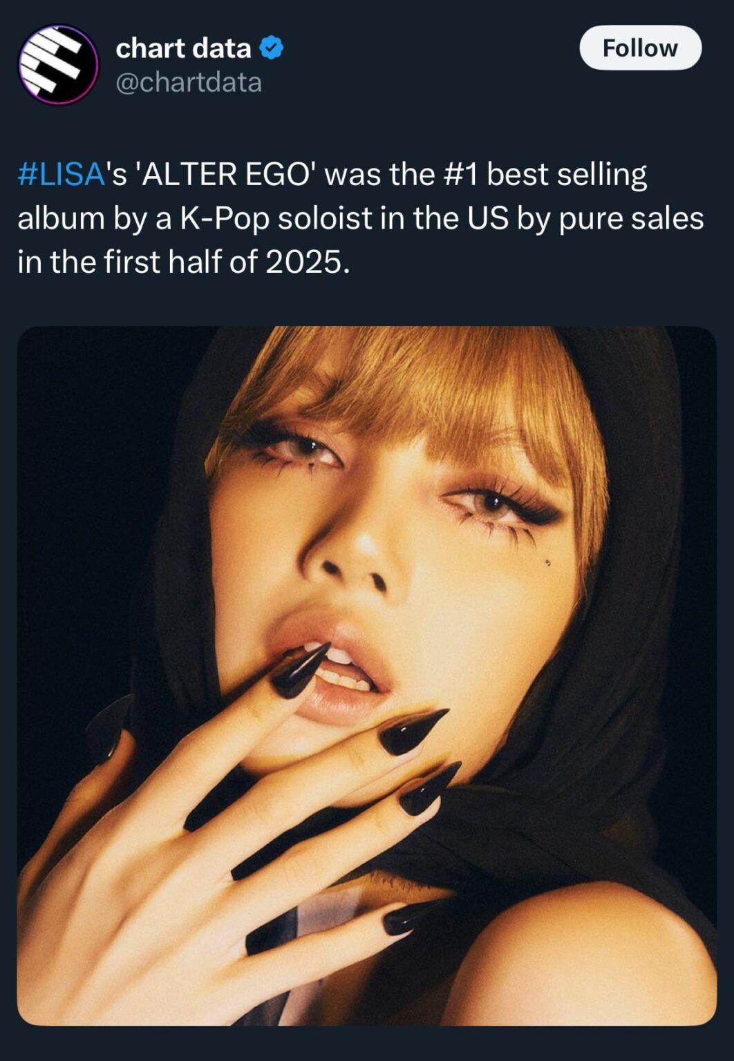 250719 Lisa - "Alterego" كان الألبوم الأفضل مبيعًا من قبل عازف منفرد K -Pop في الولايات المتحدة بواسطة Sales Pure في النصف الأول من عام 2025!