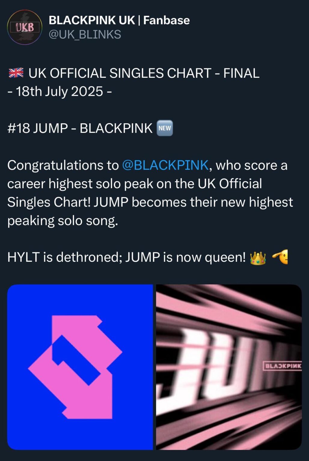 250718 Blackpink - "뛰어 (Jump)" لاول مرة في رقم 18 على مخطط الفردي الرسمي في المملكة المتحدة!