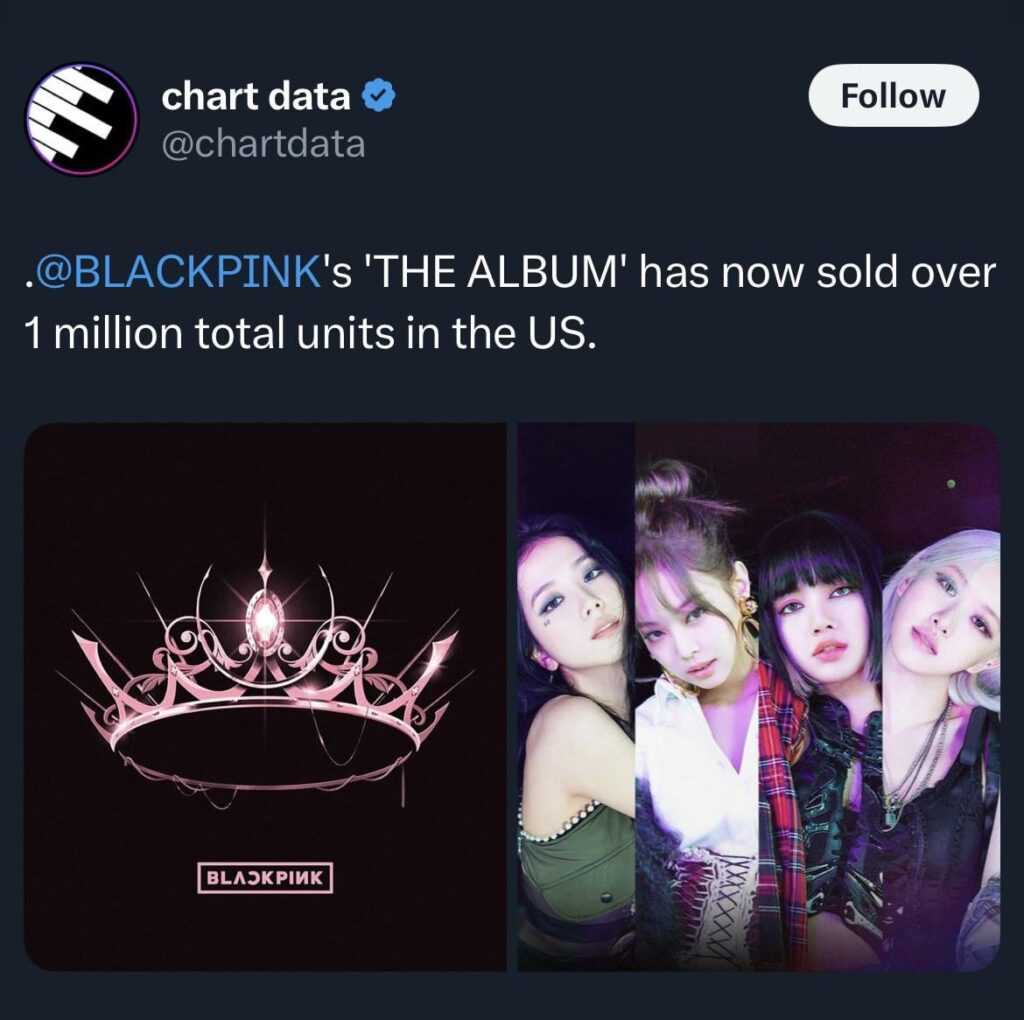 250711 قامت "الألبوم" من Blackpink ببيع أكثر من مليون وحدة في الولايات المتحدة ، مما يجعلها أول قانون K-pop الإناث لتحقيق هذا المعلم!