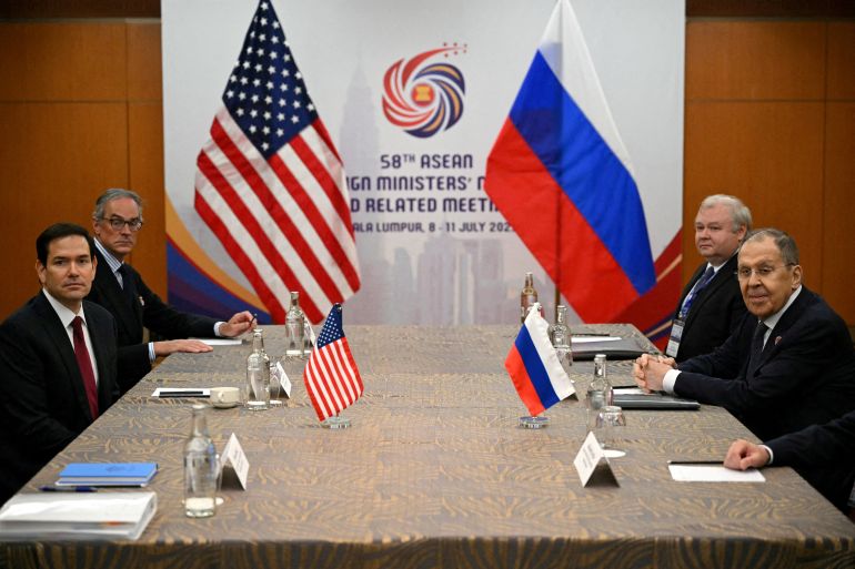 U.S. Secretary of State Marco Rubio meets with Russia's Foreign Minister Sergei Lavrov on the sidelines of the ASEAN Foreign Ministers' Meeting at the Kuala Lumpur Convention Centre in Kuala Lumpur, Malaysia, July 10, 2025. MANDEL NGAN/Pool via REUTERS TPX IMAGES OF THE DAY