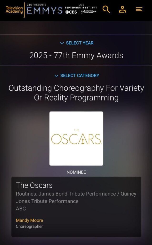 250715 تم ترشيح أداء James Bond Tribute في حفل توزيع جوائز الأوسكار ، التي قامت بها ليزا ، Doja Cat & Raye ، لـ "تصميم الرقصات المتميز للتنوع أو البرمجة الواقعية" في جوائز Emmy 77 Primetime!