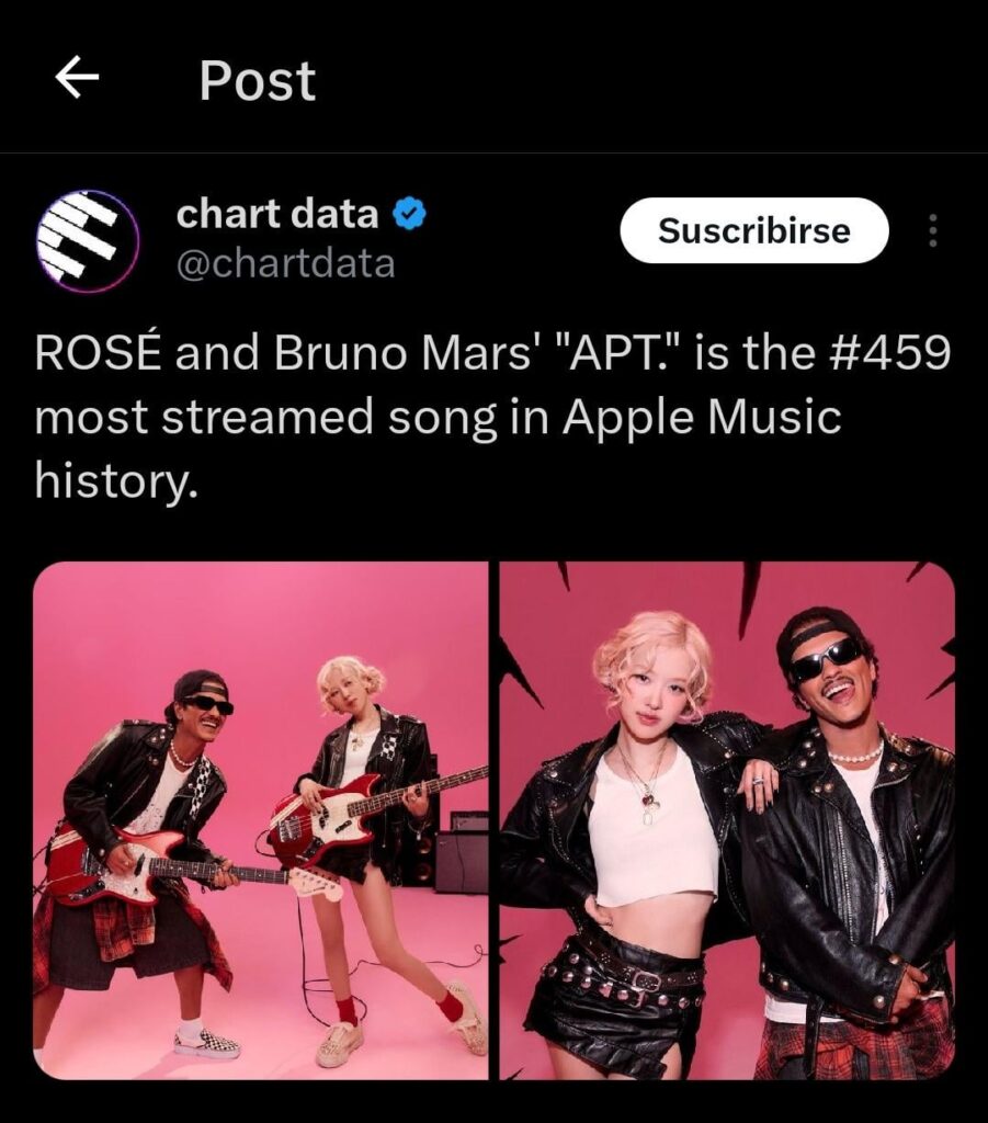 "Apt" من تأليف Rosé و Bruno Mars يحتل المرتبة الأولى بين 500 أغنية تم بثها على Apple Music في #459