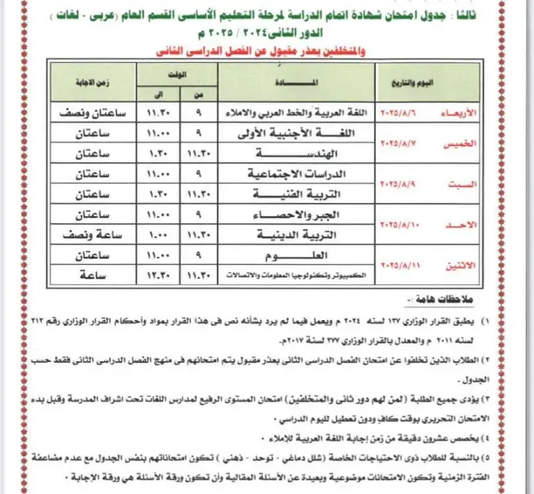 مواعيد مؤكدة.. جدول امتحانات الدور الثاني للشهادة الإعدادية 2025 من 3 أغسطس حسب كل محافظة مواعيد مؤكدة.. جدول امتحانات الدور الثاني للشهادة الإعدادية 2025 من 3 أغسطس حسب كل محافظة