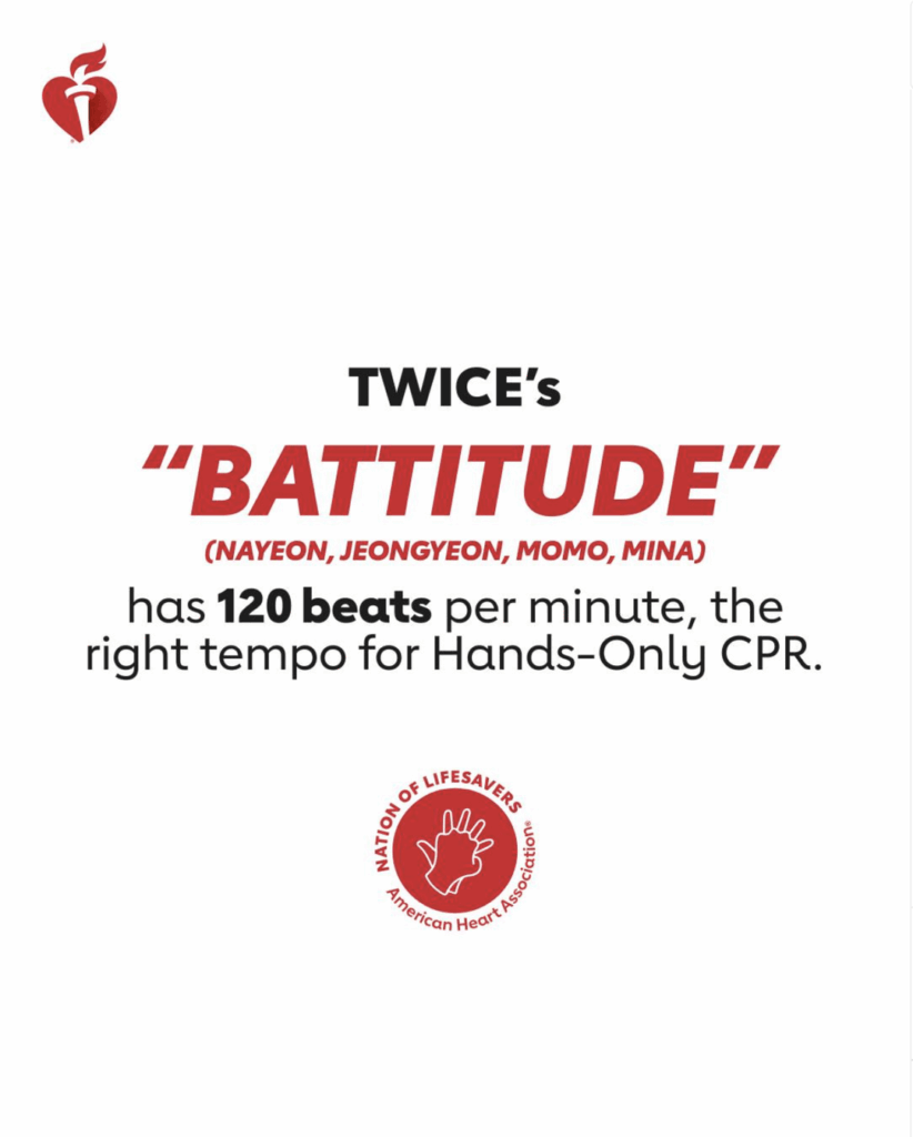250723 American Heart Association Instagram Update - يحتوي "Battitude" مرتين على 120 نبضة في الدقيقة و "خيارات" لديها 110 نبضة في الدقيقة ، وهو الإيقاع الأيمن لـ CPR العملي فقط.