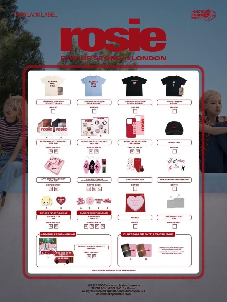 250729 ألبوم Rosé First Studio [rosie] متجر المنبثقة في قائمة MD في لندن