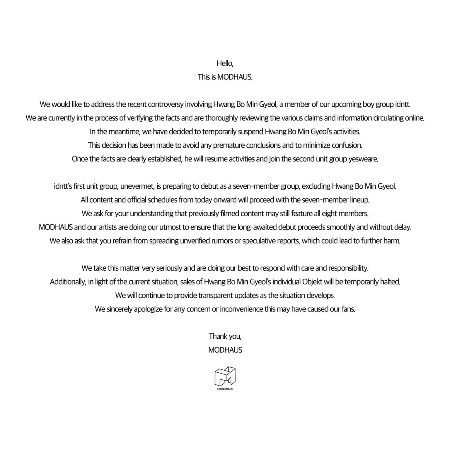 تصدر Modhaus بيان بخصوص IDNTT Member Hwangbo Mingyeol ، أول وحدة فرعية لـ IDNTT "Unevermet" لاول مرة في 7 أعضاء