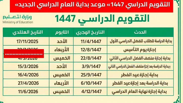 التعليم السعودية تعلن.. التقويم الدراسي 1447 مواعيد الدراسة وعودة الطلاب والمعلمين والإجازات الرسمية
