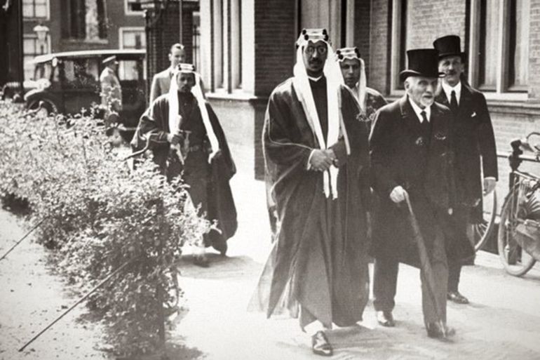 1935 HRH Prince Saud being received by Snouck Hurgronje (right) at Leiden University (walking to the old University Library, Rapenburg 70-74, Leiden (the Netherlands). Far right: A.J. Wensinck. Source Twitter Laurens Westhoff; Original photo at Leiden University Library