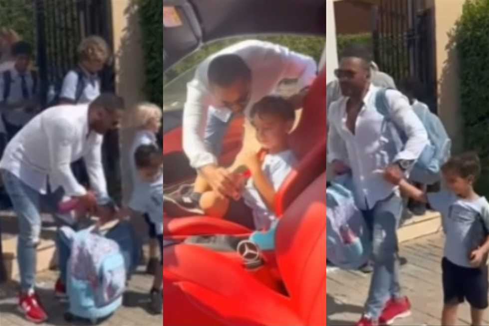 لعب بالنادي وحمل حقائب المدرسة.. مشاهد من يوميات تامر حسني مع أبنائه (فيديو)