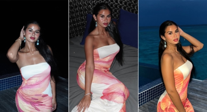 منة عرفة بفستان ملون مكشوف الكتفين في أحدث جلسة تصوير من المالديف | ألبوم منة عرفة