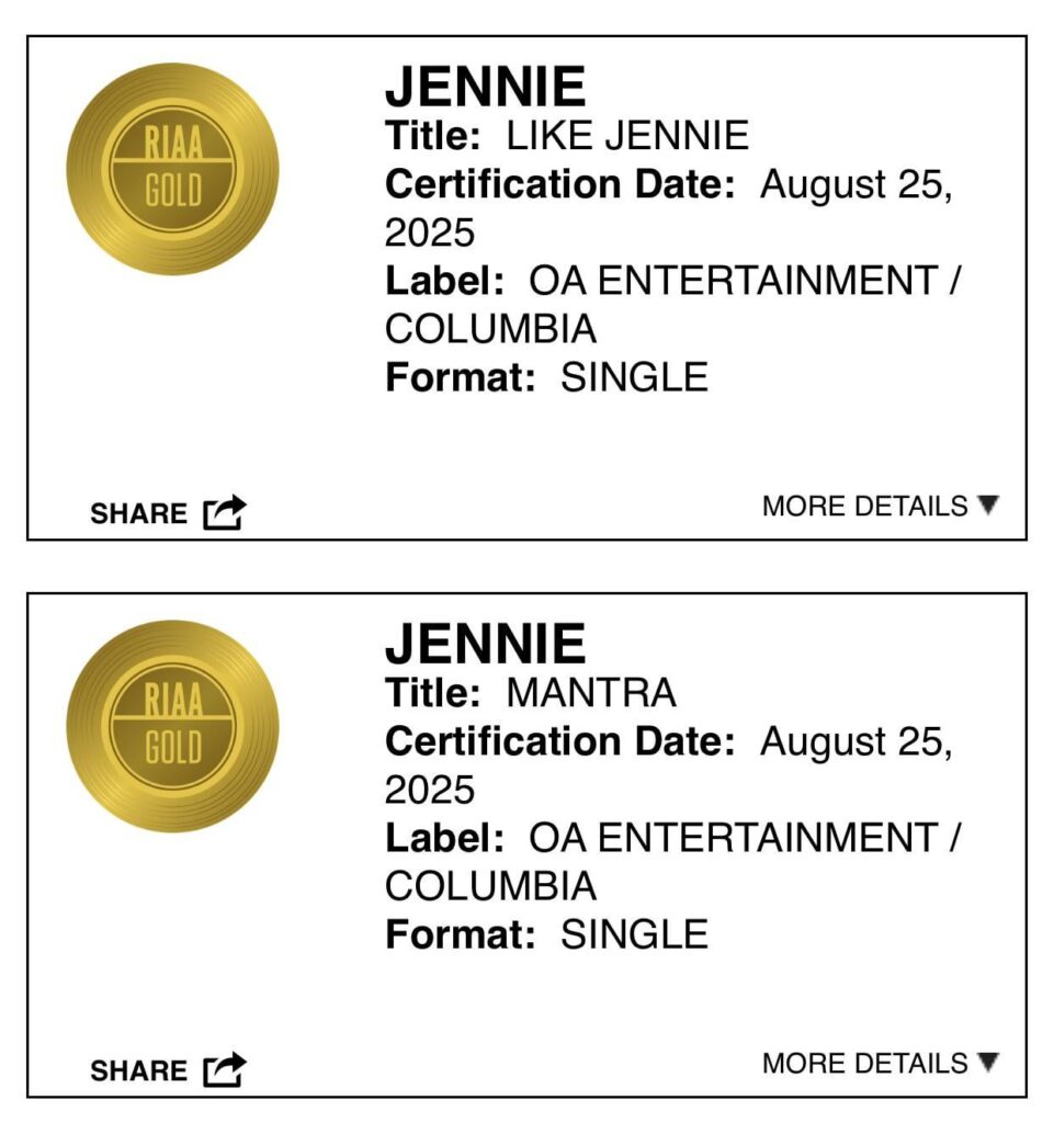 "مثل جيني" و "تعويذة" من تأليف جيني (Blackpink) أصبحت الآن RIAA GOLD