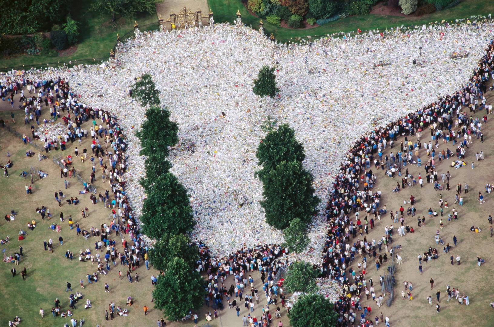 أكثر من مليون باقة من الزهور أمام قصر كنسينغتون وقصر باكنغهام وقصر سانت جيمس بعد وفاة الأميرة ديانا. (Getty Images)