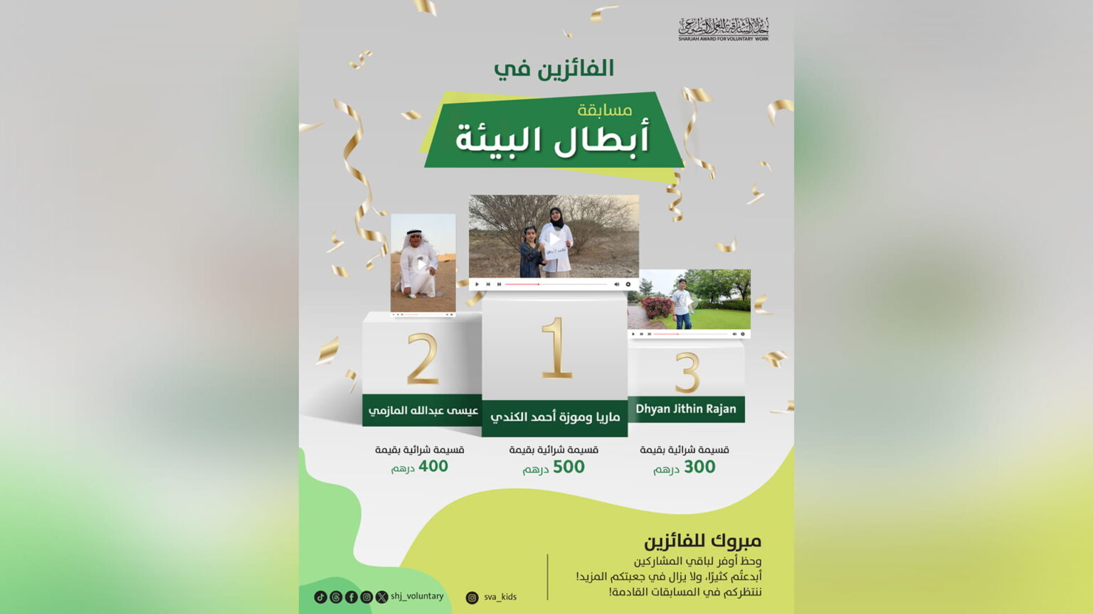 جائزة الشارقة للعمل التطوعي تعلن عن الفائزين بمسابقة أبطال البيئة