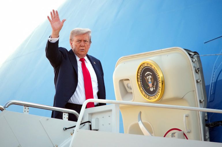 JOINT BASE ANDREWS, MARYLAND - AUGUST 15: U.S. President Donald Trump boards Air Force One on August 15, 2025 at Joint Base Andrews, Maryland. President Trump is traveling to Anchorage, Alaska, for peace talks with Russian President Vladimir Putin on the war in Ukraine. Andrew Harnik/Getty Images/AFP (Photo by Andrew Harnik / GETTY IMAGES NORTH AMERICA / Getty Images via AFP)