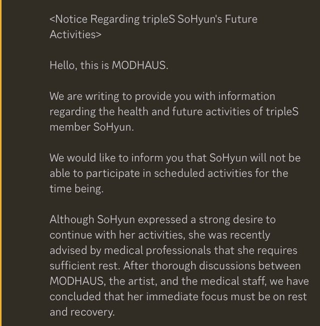 لن تشارك Triples Sohyun في الأنشطة المجدولة في الوقت الحالي ، حيث نصحها الطاقم الطبي بأخذ راحة كافية