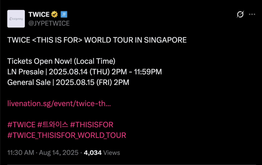 250814 تحديث Jypetwice Twitter - مرتين  World Tour في سنغافورة. التذاكر مفتوحة الآن! (بالتوقيت المحلي)