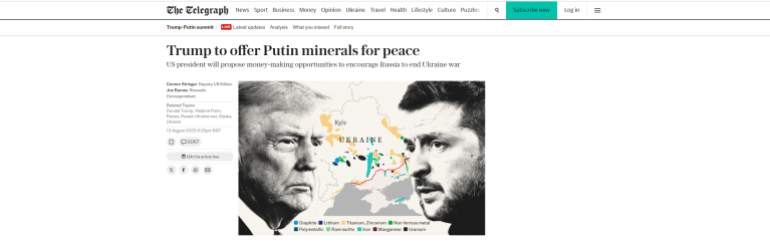 ترامب يعرض على بوتين المعادن مقابل السلام (ديلي تلغراف)